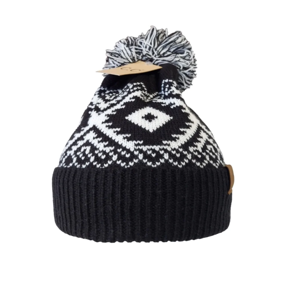 Beanie Women's Black Soft Warm knitted Hat With Pom Pom Acrylic
